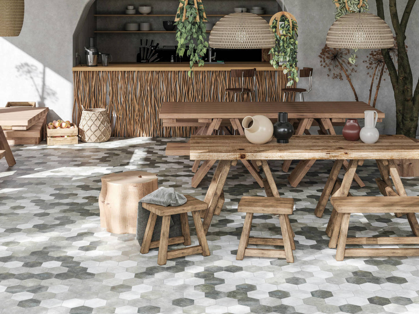 Seville 5.5X6.3” Grey, Black, and White Hexagon | Matteo Kitchens